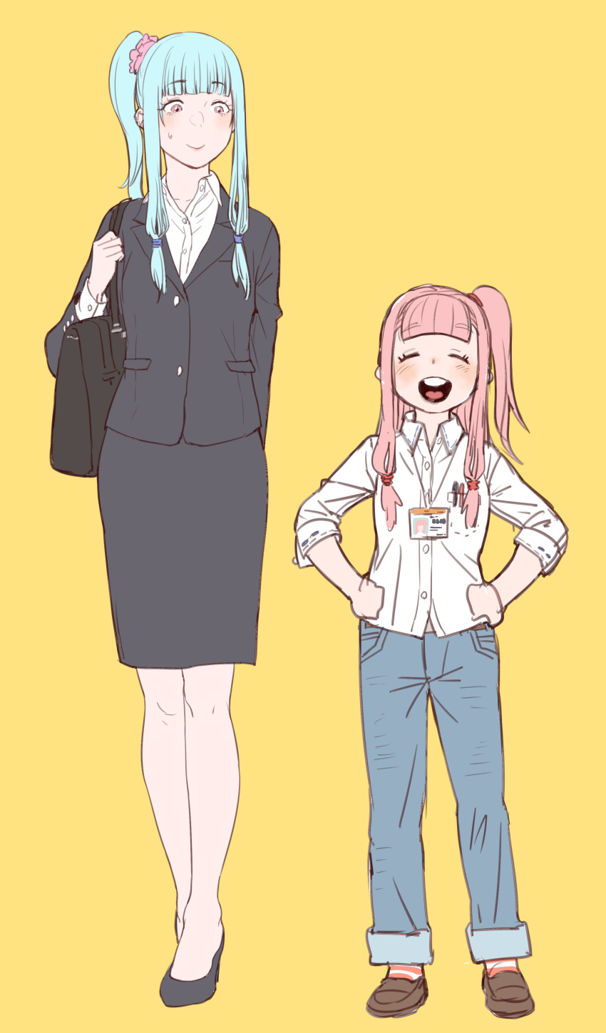 2girls absurdres alternate_costume alternate_height bag black_footwear black_jacket blue_hair blunt_bangs blush brown_footwear closed_eyes closed_mouth commentary_request denim dress_shirt facing_viewer full_body hands_on_own_hips height_difference high_heels highres holding_strap id_card jacket jeans kotonoha_akane kotonoha_aoi lanyard loafers long_hair looking_at_another multiple_girls office_lady one_side_up open_mouth pants pencil_skirt pink_eyes pink_hair shirt shoes short_hair_with_long_locks shoulder_bag siblings side-by-side side_ponytail simple_background sisters skirt sleeves_past_elbows smile standing suit_jacket sweatdrop tmasyumaro voiceroid yellow_background