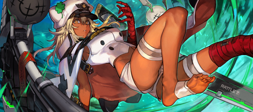 1girl bandaged_arm bandages blonde_hair breasts clover dark-skinned_female dark_skin fingerless_gloves floating floating_object floating_sword floating_weapon four-leaf_clover gloves guilty_gear guilty_gear_strive hair_between_eyes hankuri long_hair looking_at_viewer lucifero_(guilty_gear) medium_breasts orange_eyes ramlethal_valentine red_bandage short_shorts shorts sword thigh_strap weapon white_headwear white_shorts