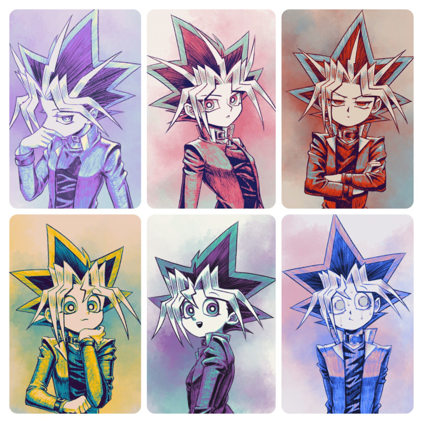 2boys chiinosuke commentary_request crossed_arms hand_on_own_chin highres jacket looking_at_viewer looking_to_the_side male_focus medium_hair multicolored_hair multiple_boys mutou_yuugi nervous open_clothes open_jacket sweat upper_body yami_yuugi yu-gi-oh! yu-gi-oh!_duel_monsters