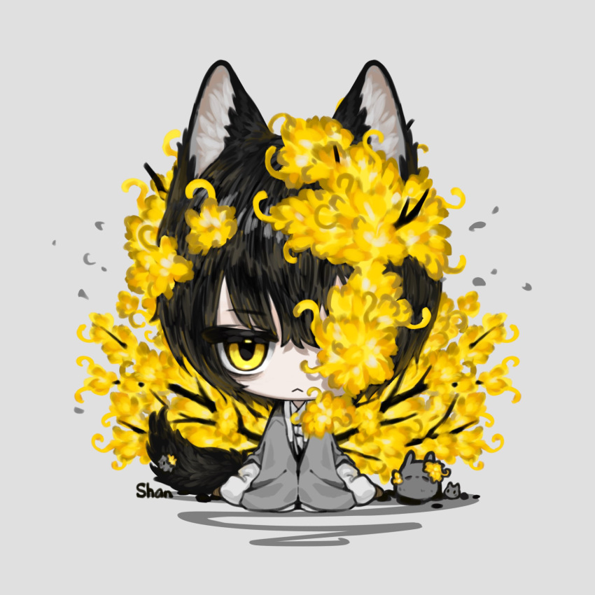 1boy black_hair branch chibi closed_mouth coat e.g.o_(project_moon) flower flower_over_eye grey_coat hair_flower hair_ornament highres limbus_company project_moon shan23852196 simple_background solo white_background wings yellow_eyes yellow_flower yi_sang_(project_moon)