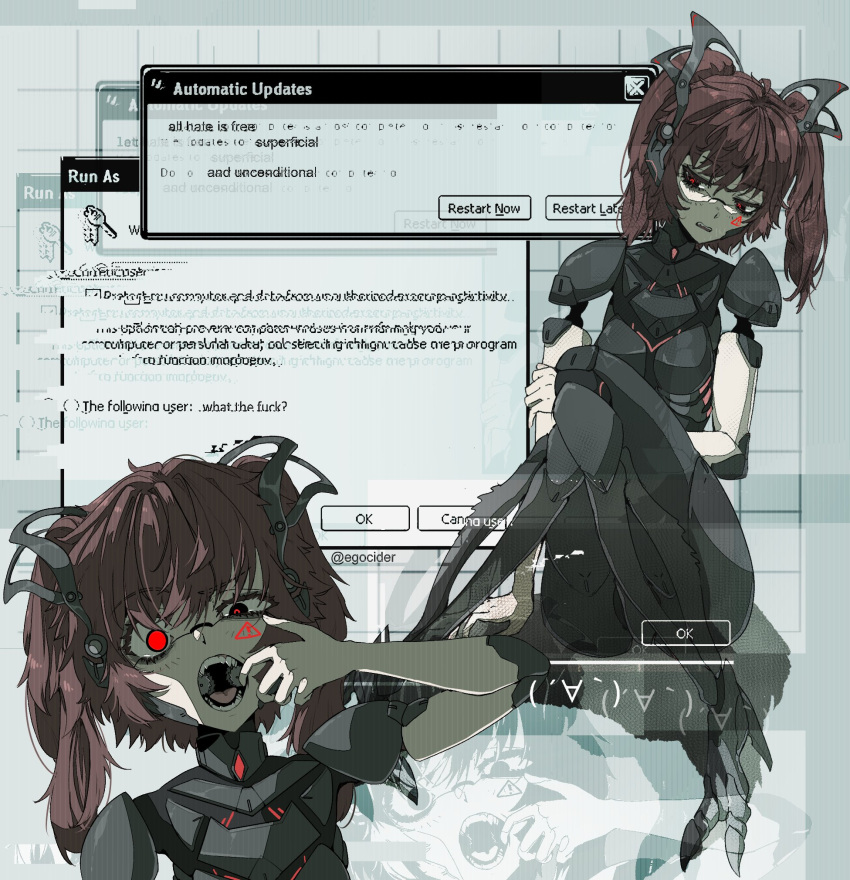 1girl brown_hair circular_saw english_commentary english_text finger_in_own_mouth highres joints juniper_(artist) looking_at_viewer mechanical_legs open_mouth original red_eyes robot_girl robot_joints saw sign twintails uneven_eyes warning_sign window_(computing)