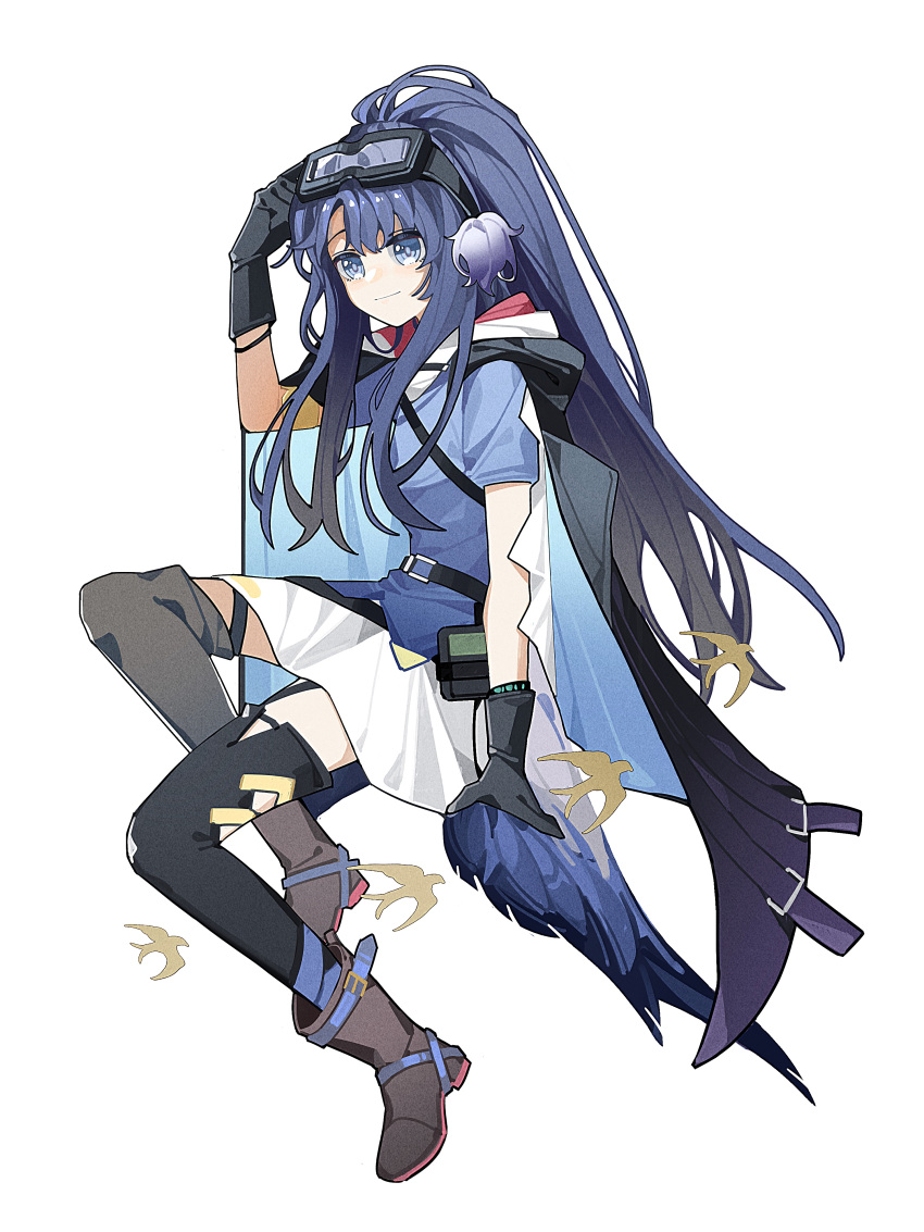 1girl absurdres ankle_boots arknights arm_support astgenne_(arknights) bird black_cape black_gloves black_thighhighs blue_eyes blue_hair blue_shirt boots brown_footwear cape feather_cape full_body gloves goggles goggles_on_head haobuguniao highres hood hooded_cape long_hair shirt short_sleeves sidelocks simple_background skirt solo thigh-highs white_background white_skirt