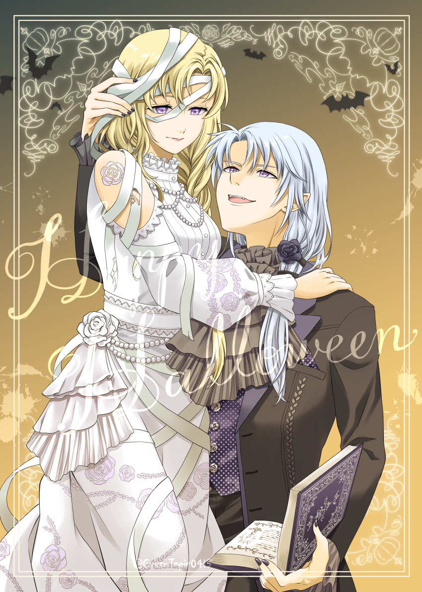 1boy 1girl absurdres bat_(animal) black_nails black_suit blonde_hair book carrying carrying_person closed_mouth commentary_request couple curtained_hair dress fire_emblem fire_emblem:_the_blazing_blade flower gradient_background halloween halloween_costume happy_halloween highres holding holding_book louise_(fire_emblem) medium_hair midori_no_baku open_mouth pent_(fire_emblem) suit violet_eyes white_dress white_flower white_hair yellow_background