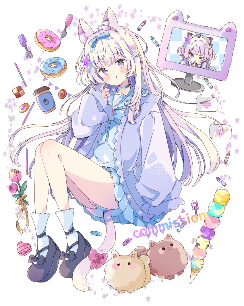 1girl :q absurdres animal_ear_fluff animal_ears black_choker black_footwear blue_bow blue_sailor_collar blue_serafuku blue_shirt blue_skirt blush bow checkerboard_cookie choker closed_mouth coffee_cup commentary_request commission cookie cup disposable_cup doughnut flower food fork full_body grey_hair hand_up heart highres ice_cream ice_cream_cone jacket long_hair long_sleeves looking_at_viewer monitor open_clothes open_jacket original pink_flower pleated_skirt puffy_long_sleeves puffy_sleeves purple_jacket sailor_collar school_uniform serafuku shirt shoes simple_background skeb_commission skirt sleeves_past_fingers sleeves_past_wrists smile socks solo spoon starry_background tail tongue tongue_out too_many too_many_scoops tsukiyo_(skymint) very_long_hair violet_eyes white_background white_socks