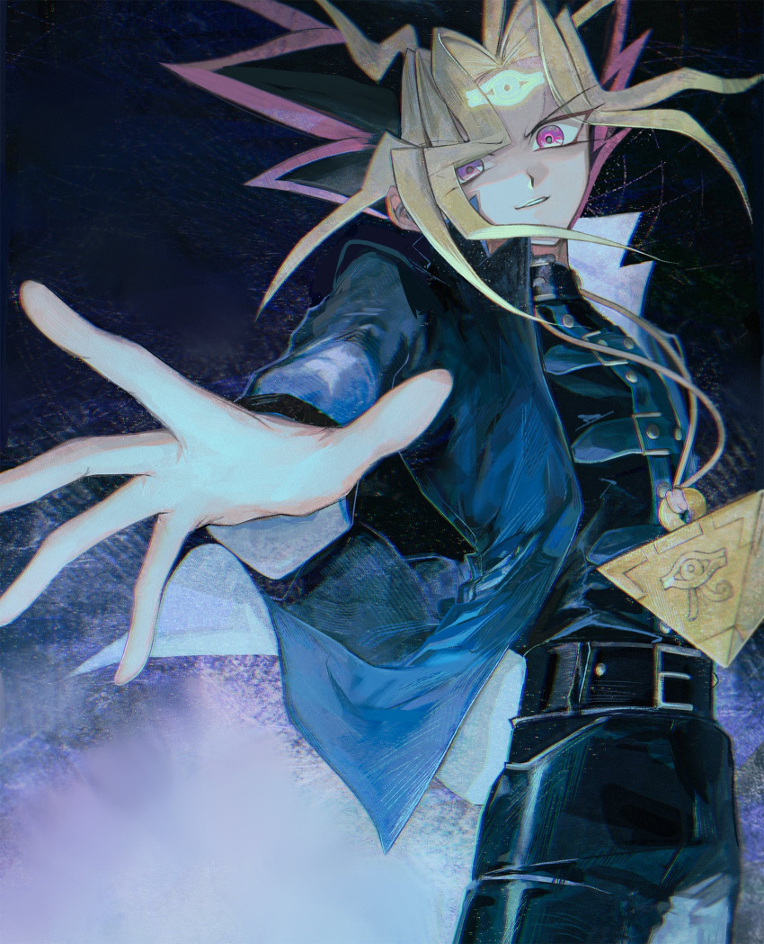 1boy black_hair blonde_hair highres jacket long_hair male_focus millennium_puzzle multicolored_hair open_clothes open_jacket reaching red_eyes redhead smile solo uuu_ygo yami_yuugi yu-gi-oh! yu-gi-oh!_duel_monsters