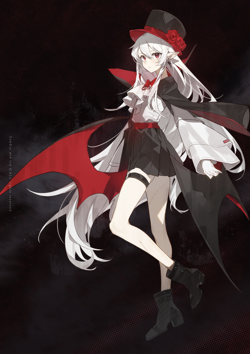 1girl absurdres ankle_boots arknights ascot black_bow black_cape black_footwear black_headwear black_skirt boots bow cape commentary flower full_body hat hat_flower hat_ribbon highres knee_up long_hair long_sleeves official_alternate_costume pointy_ears red_cape red_eyes red_flower red_ribbon red_rose ribbon rose shirt simple_background skirt solo sumery thigh_strap top_hat two-tone_cape very_long_hair warfarin_(arknights) warfarin_(the_feast)_(arknights) white_hair white_shirt wide_sleeves