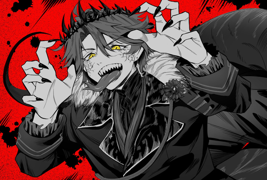1boy ahoge collared_jacket crown earrings fingernails forked_tongue frilled_sleeves frills fur-trimmed_jacket fur_trim greyscale hair_between_eyes hands_up highres holostars holostars_english jacket jewelry jurard_t_rexford kcedar118 long_sleeves looking_at_viewer male_focus medium_hair monochrome partially_colored red_background sharp_fingernails sharp_teeth slit_pupils solo splatter_background tail teeth tongue tongue_out upper_body yellow_eyes