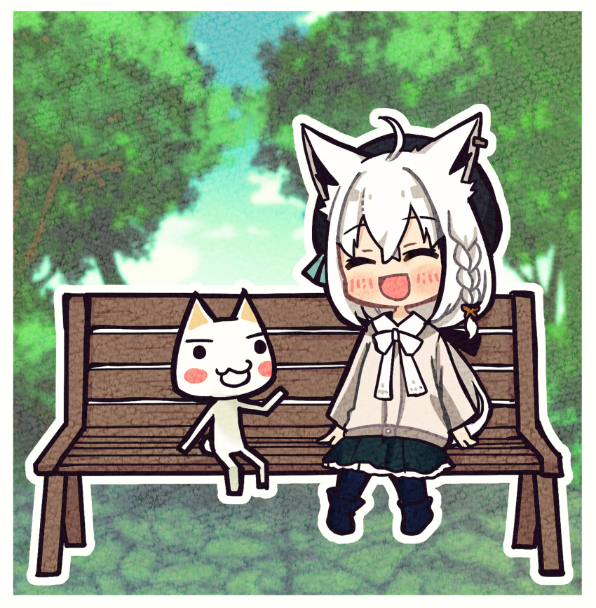 1girl 1other :d animal_ear_piercing animal_ears bench beret black_headwear black_pantyhose black_ribbon boots bow bowtie braid cat chibi closed_eyes doko_demo_issho double-parted_bangs fox_ears fox_girl fox_tail frilled_skirt frills green_skirt grey_shirt hair_between_eyes hair_ribbon hat highres hololive inoue_toro long_hair long_sleeves low_ponytail mayuko_(mayumaaaaaro) official_alternate_costume official_alternate_hairstyle open_mouth outdoors pantyhose park park_bench pentagram ribbon shirakami_fubuki shirakami_fubuki_(3rd_costume) shirt side_braid sitting sitting_on_bench skirt smile tail virtual_youtuber white_bow white_bowtie white_hair wide_sleeves