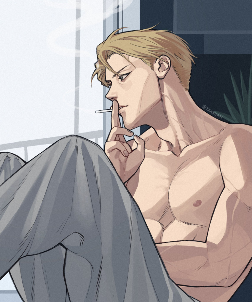 1boy blonde_hair brown_eyes cigarette collarbone feet_out_of_frame grey_pants highres holding holding_cigarette indoors jujutsu_kaisen male_focus muscular muscular_male nanami_kento pants parted_lips short_hair sitting solo takk1mi topless_male undercut window