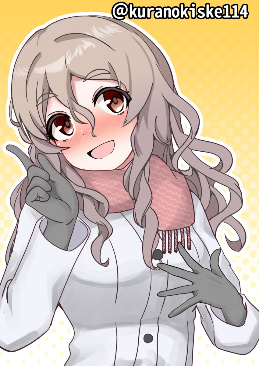 1girl blush brown_eyes gloves gradient_background grey_gloves grey_hair highres index_finger_raised jacket kantai_collection kurano_kisuke nose_blush official_alternate_costume one-hour_drawing_challenge pink_scarf pola_(kancolle) scarf smile solo thick_eyebrows twitter_username wavy_hair white_jacket yellow_background