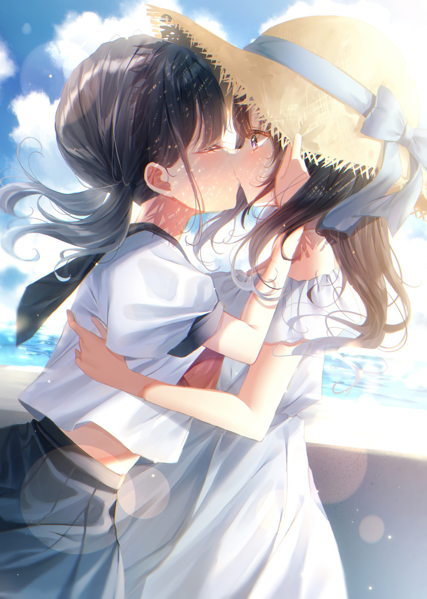 2girls absurdres black_hair blue_sailor_collar blue_skirt bow brown_hair chromatic_aberration closed_eyes commentary dappled_sunlight dress floating_hair hat hat_bow hat_ribbon headwear_pull highres kiss lens_flare light_particles long_hair looking_at_another low_twintails midriff_peek multiple_girls ocean off-shoulder_dress off_shoulder original pleated_skirt puffy_short_sleeves puffy_sleeves ribbon sailor_collar school_uniform serafuku shadow short_sleeves skirt straw_hat sundress sunlight touki_matsuri twintails violet_eyes white_bow white_dress white_ribbon yuri