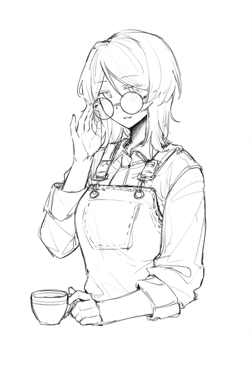 1girl apron collared_shirt cup faust_(project_moon) glasses greyscale hand_up highres ivy_(675671) limbus_company looking_at_viewer monochrome necktie parted_lips project_moon round_eyewear shirt short_hair simple_background sketch smile solo teacup upper_body