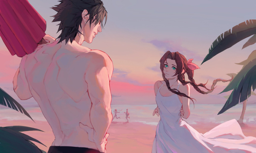 1girl 3boys aerith_gainsborough arms_behind_back bald beach beach_umbrella black_hair black_male_swimwear brown_hair carrying carrying_over_shoulder chasing chinese_commentary clouds cloudy_sky cluck_gugu commentary crisis_core_final_fantasy_vii dress facing_away final_fantasy final_fantasy_vii green_eyes hair_ribbon hand_on_own_hip highres holding holding_beach_umbrella holding_innertube innertube light_smile long_hair low_ponytail male_swimwear multicolored_sky multiple_boys muscular muscular_male ocean outstretched_arms over_shoulder palm_leaf palm_tree parted_bangs parted_lips pink_ribbon ponytail red_sky redhead reno_(ff7) ribbon rude_(ff7) running short_hair sidelocks sky standing sundress sunglasses sunset swim_briefs swim_trunks topless_male tree twilight umbrella water wavy_hair white_dress wind zack_fair
