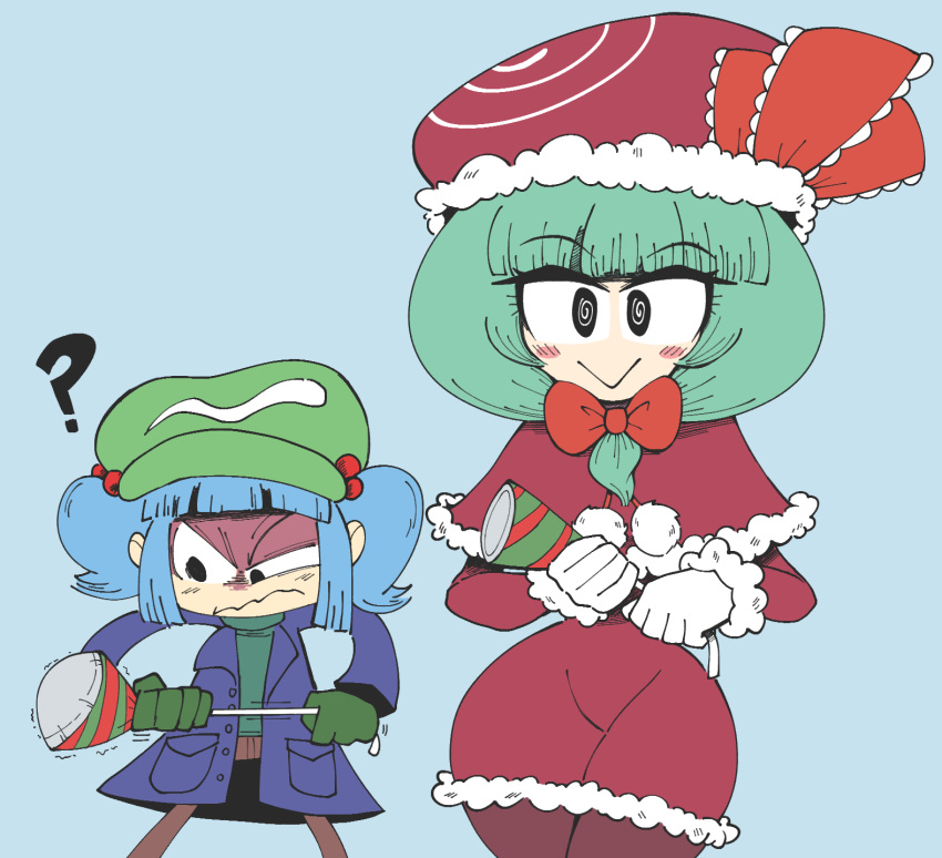 2girls ? @_@ alternate_costume blue_background blue_hair blunt_bangs bow capelet closed_mouth commentary front_ponytail fur_trim gloves green_hair hair_bobbles hair_bow hair_ornament highres kagiyama_hina kawashiro_nitori kevin_arthur multiple_girls red_bow red_capelet red_headwear simple_background touhou two_side_up