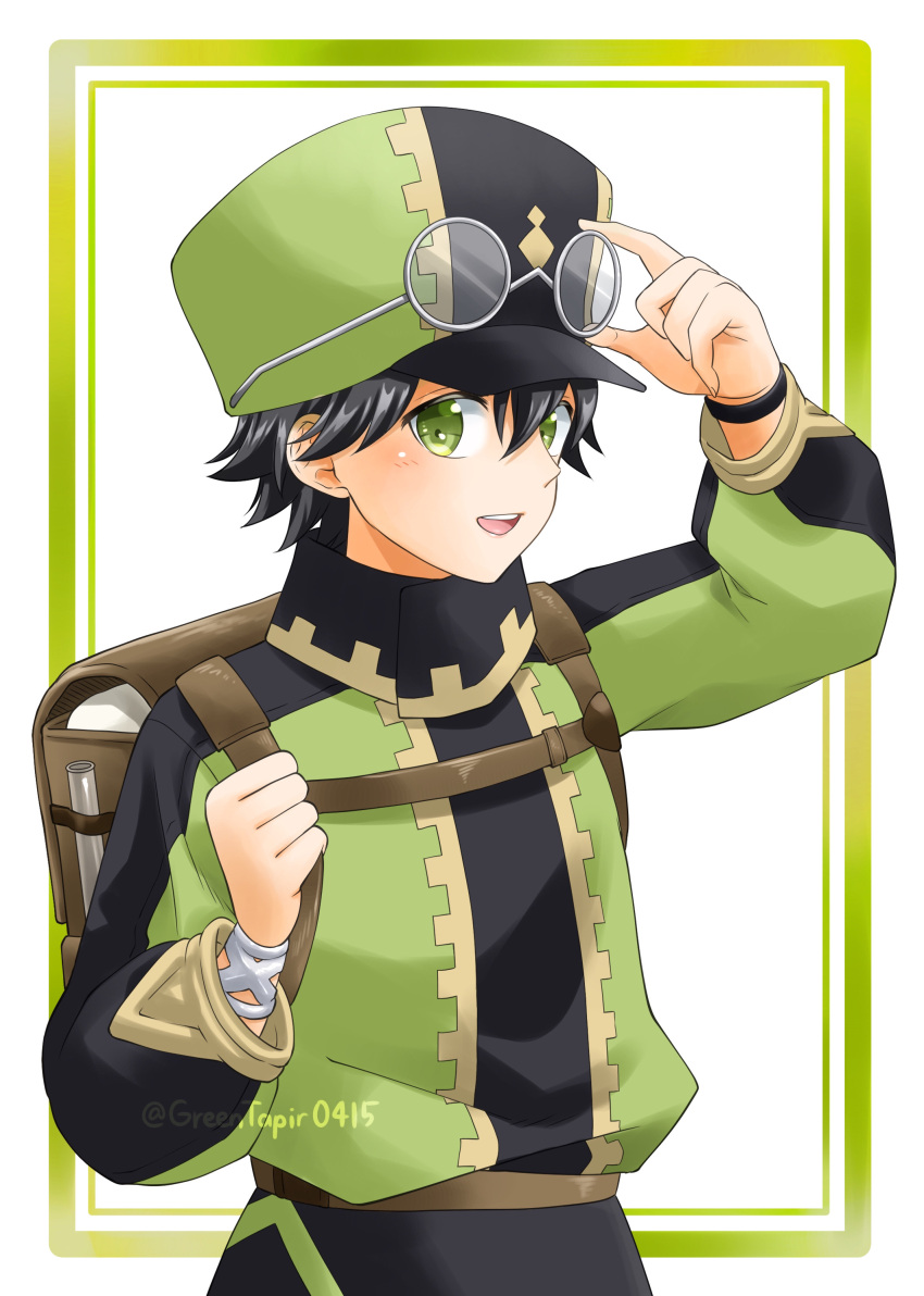 1boy absurdres backpack bag black_hair black_headwear border brown_bag commentary_request fire_emblem fire_emblem_engage glasses green_border green_eyes green_headwear hat highres jean_(fire_emblem) midori_no_baku open_mouth short_hair simple_background teeth twitter_username two-tone_headwear upper_body upper_teeth_only white_background