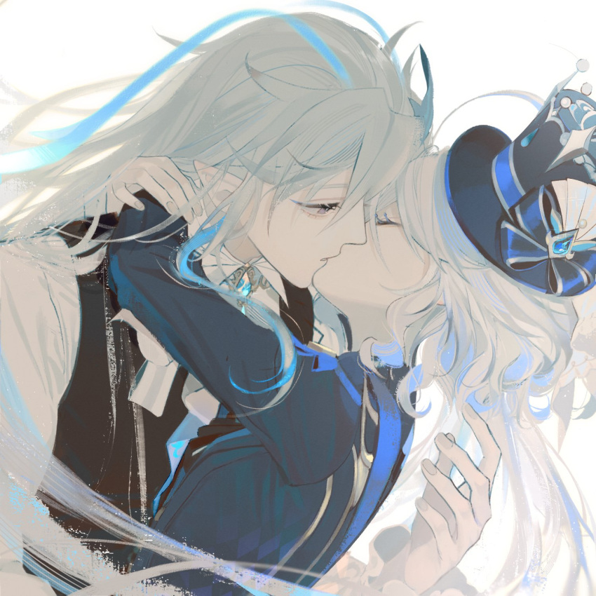 1boy 1girl arm_around_neck blue_bow blue_headwear blue_jacket bow closed_eyes dililili123 english_commentary furina_(genshin_impact) genshin_impact hair_between_eyes hat hetero highres jacket kiss long_hair long_sleeves neuvillette_(genshin_impact) parted_lips pointy_ears sidelocks simple_background top_hat upper_body violet_eyes white_background white_hair