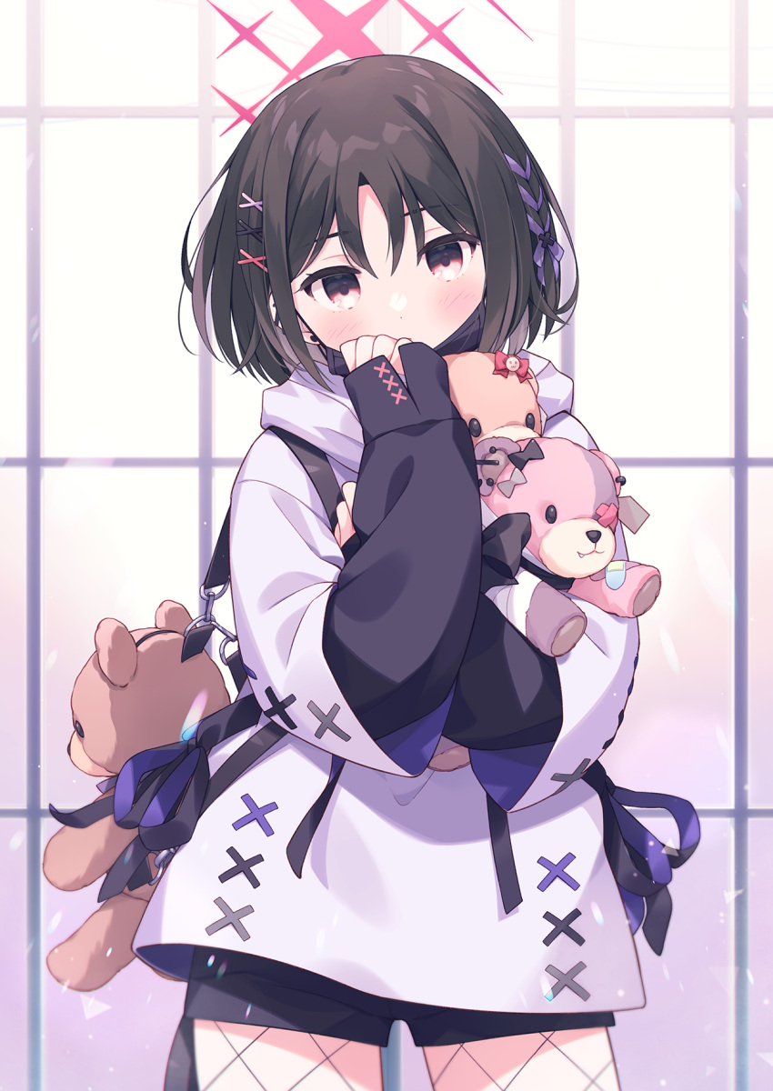 1girl black_hair black_shorts blue_archive blush closed_mouth cowboy_shot hair_between_eyes hair_ornament halo highres hood hoodie kano_hito long_sleeves looking_at_viewer misaki_(blue_archive) red_eyes red_halo short_hair shorts solo stuffed_animal stuffed_toy teddy_bear white_hoodie x_hair_ornament