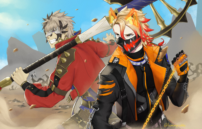 2boys absurdres animal_ears artist_name axe axel_syrios belt black_hair black_shirt blonde_hair blue_eyes blue_sky braid broken_mask chain clouds collar collared_jacket corruption_beast_(holostars_english) crimzon_ruze desert dog_ears earrings eye_mask fighting_stance gloves glowing_mask grey_hair hair_between_eyes half_mask highres holding holding_axe holding_chain holding_weapon holostars holostars_english jacket jewelry leash leg_belt lemongrubbz long_sleeves male_focus mask multicolored_hair multiple_boys open_clothes open_jacket over_shoulder pointy_ears red_jacket redhead sand sharp_teeth shirt shoulder_spikes side_braid sky smile snap-fit_buckle spikes studded_gloves teeth torn_clothes violet_eyes virtual_youtuber weapon weapon_over_shoulder white_belt zipper