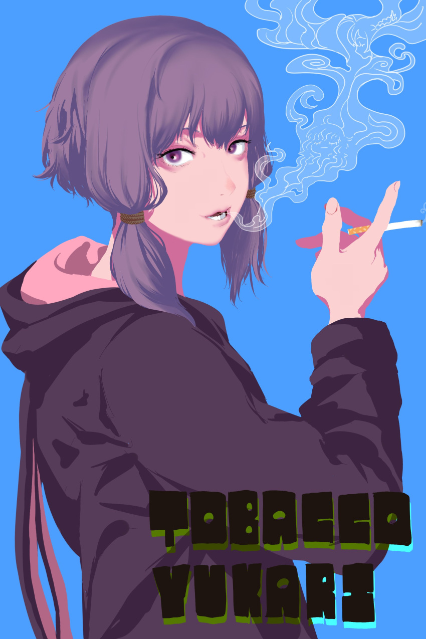 1girl absurdres animal_hood between_fingers blue_background cigarette english_text from_side hair_tie hand_up highres holding holding_cigarette hood hood_down hoodie index_finger_raised looking_at_viewer looking_to_the_side open_mouth pink_hoodie purple_hair purple_hoodie rabbit_hood short_hair_with_long_locks simple_background smoke_from_mouth smoking solo tmasyumaro tsurumaki_maki two-tone_hoodie upper_body violet_eyes vocaloid voiceroid yuzuki_yukari
