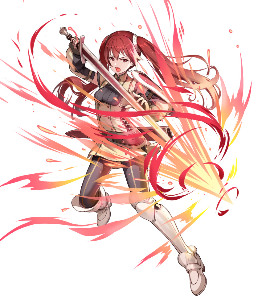 1girl arm_shield attack black_leggings breasts fire_emblem fire_emblem_awakening fire_emblem_heroes highres holding holding_sword holding_weapon leggings long_hair medium_breasts non-web_source open_mouth red_eyes redhead severa_(fire_emblem) sheath solo sword teeth twintails upper_teeth_only weapon