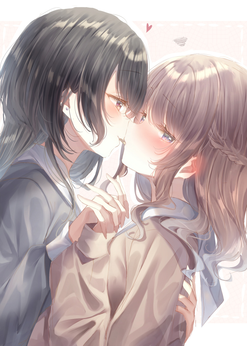 2girls absurdres averting_eyes black_hair blue_eyes blush braid brown_hair brown_shirt commentary earrings food food_in_mouth french_braid grey_shirt half_updo heart highres holding_hands hug imminent_kiss interlocked_fingers jewelry long_hair long_sleeves looking_at_another multiple_girls original outline pocky pocky_day pocky_in_mouth pocky_kiss red_eyes sailor_collar school_uniform serafuku shirt sidelocks stud_earrings touki_matsuri upper_body white_outline white_sailor_collar yuri