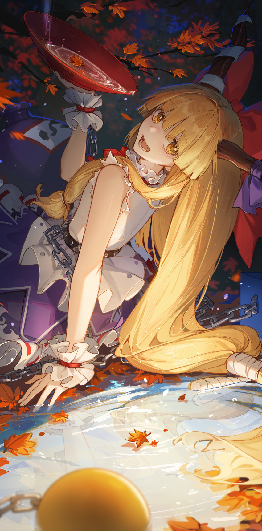 1girl :d absurdres autumn_leaves bare_shoulders blonde_hair chain cowboy_shot cup fang from_behind gourd highres holding horn_ornament horn_ribbon horns ibuki_suika kotatsu_kaya long_hair looking_at_viewer looking_back oni_horns open_mouth orange_eyes purple_skirt reflection ribbon sakazuki shirt sitting skirt smile solo teeth torn_clothes torn_sleeves touhou tree water white_shirt wrist_cuffs