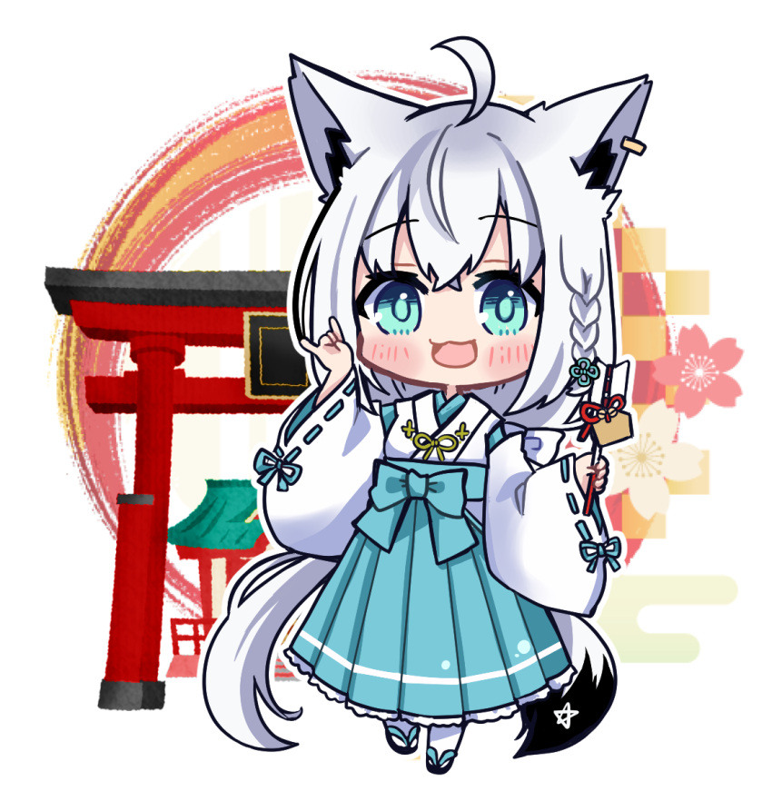 1girl ahoge alternate_costume animal_ear_piercing animal_ears aqua_eyes aqua_hakama arrow_(projectile) black_footwear black_ribbon blush braid chibi commentary double-parted_bangs fox_ears fox_girl fox_shadow_puppet fox_tail full_body grey_hair hair_between_eyes hair_ribbon hakama hakama_skirt hamaya hololive japanese_clothes kosode lace-trimmed_sleeves lace_trim long_hair long_skirt looking_at_viewer low_ponytail mayuko_(mayumaaaaaro) miko new_year open_mouth pentagram pleated_skirt ribbon shirakami_fubuki side_braid skirt smile socks solo tail torii virtual_youtuber white_socks wide_sleeves zouri