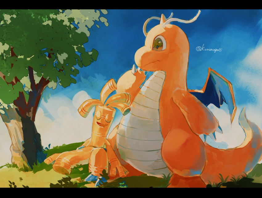 animal_focus blue_sky claws closed_mouth clouds commentary_request dragon dragon_wings dragonite gholdengo highres horns letterboxed nagakura_(seven_walkers) no_humans pokemon pokemon_(creature) single_horn sitting sky tail tree wings