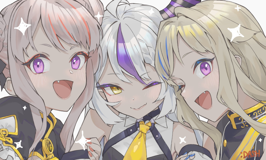 3girls ahoge ascot bare_shoulders black_horns blonde_hair blue_hair braid braided_bangs detached_sleeves double_bun esc1_2d fang grey_hair hair_bun hair_flaps highres himehina_channel holding_another's_arm hololive horns la+_darknesss multicolored_hair multiple_girls nail_polish one_eye_closed open_mouth pink_hair pointy_ears purple_hair redhead skin_fang streaked_hair striped_horns suzuki_hina tanaka_hime violet_eyes virtual_youtuber yellow_ascot