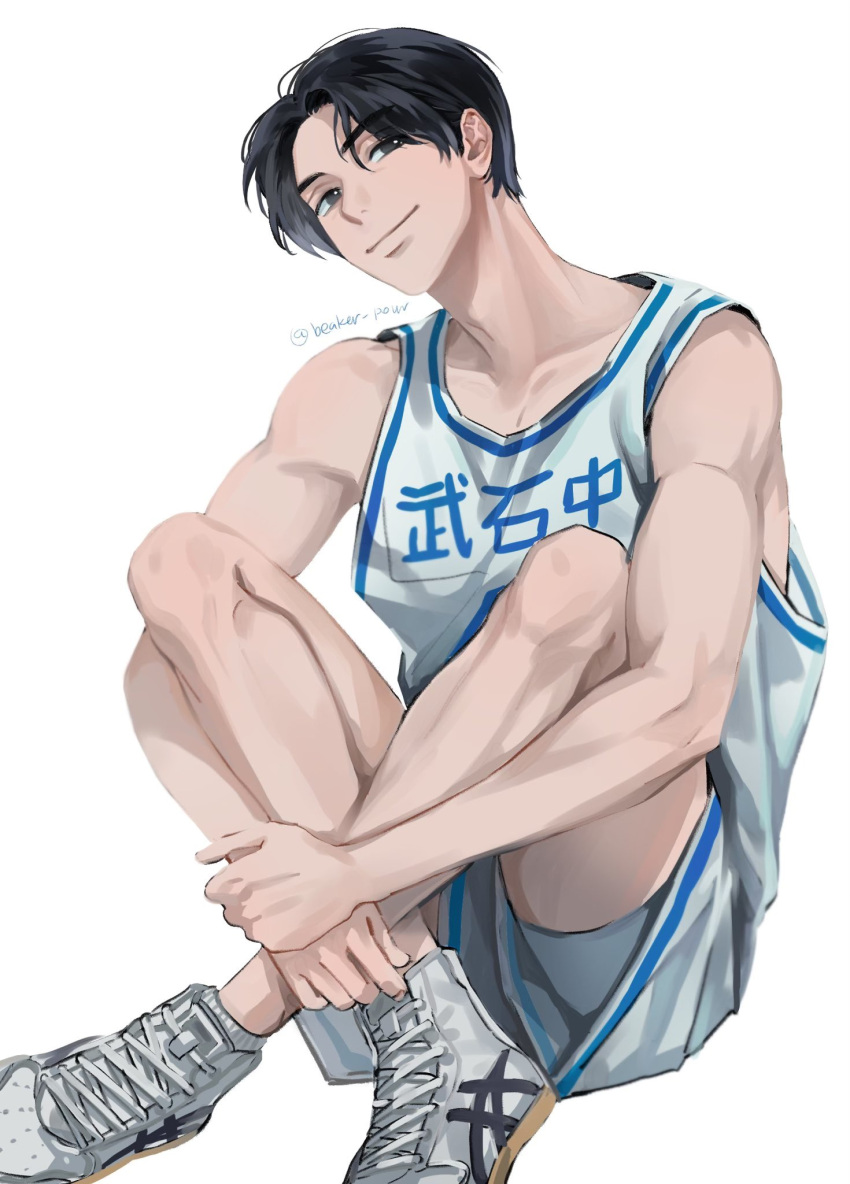 1boy aged_down basketball_jersey basketball_uniform beaker_pour black_eyes black_hair closed_mouth highres looking_at_viewer male_focus mitsui_hisashi on_floor shoes short_hair shorts simple_background sitting slam_dunk_(series) smile sneakers solo sportswear tank_top toned toned_male white_background white_footwear white_shorts white_tank_top