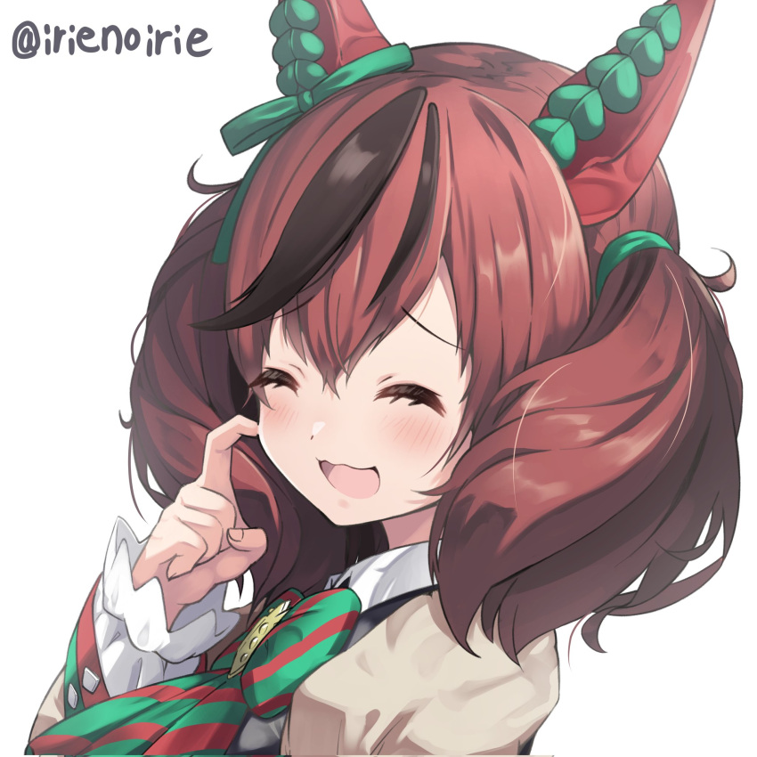 1girl animal_ears black_hair blush bow bowtie brown_hair closed_eyes ear_bow ear_covers green_bow green_bowtie hair_between_eyes hair_ornament highres horse_ears horse_girl irie_keisuke_(handn) long_sleeves medium_hair multicolored_bowtie multicolored_hair nice_nature_(umamusume) open_mouth puffy_sleeves red_bow red_bowtie scratching_cheek simple_background smile solo streaked_hair twintails twitter_username umamusume white_background