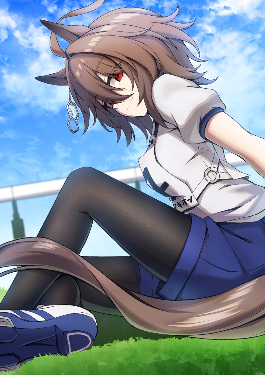 1girl absurdres agnes_tachyon_(umamusume) ahoge animal_ears black_pantyhose blue_shorts blue_sky blurry blurry_background breasts brown_hair closed_mouth clouds cloudy_sky commentary_request earrings highres horse_ears horse_girl horse_tail jewelry knee_up looking_at_viewer medium_breasts messy_hair on_grass on_ground original_race_uniform_(umamusume) outdoors pantyhose puffy_short_sleeves puffy_sleeves race_bib red_eyes ruisuke shirt shoes short_hair short_sleeves shorts single_earring sitting sky smile sneakers solo tail umamusume white_shirt