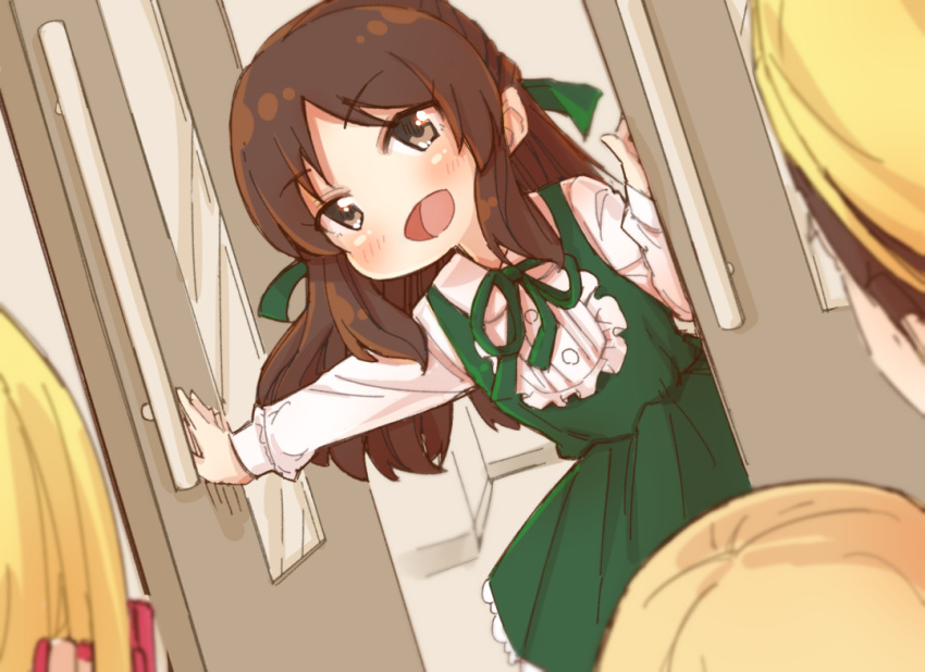 :d blush brown_eyes brown_hair character_request collared_shirt commentary_request dress green_dress green_ribbon idolmaster idolmaster_cinderella_girls idolmaster_cinderella_girls_starlight_stage indoors long_hair long_sleeves neck_ribbon open_door outstretched_arm puffy_long_sleeves puffy_sleeves ribbon shirt sleeveless sleeveless_dress smile solo_focus tachibana_arisu very_long_hair white_shirt yukie_(kusaka_shi)