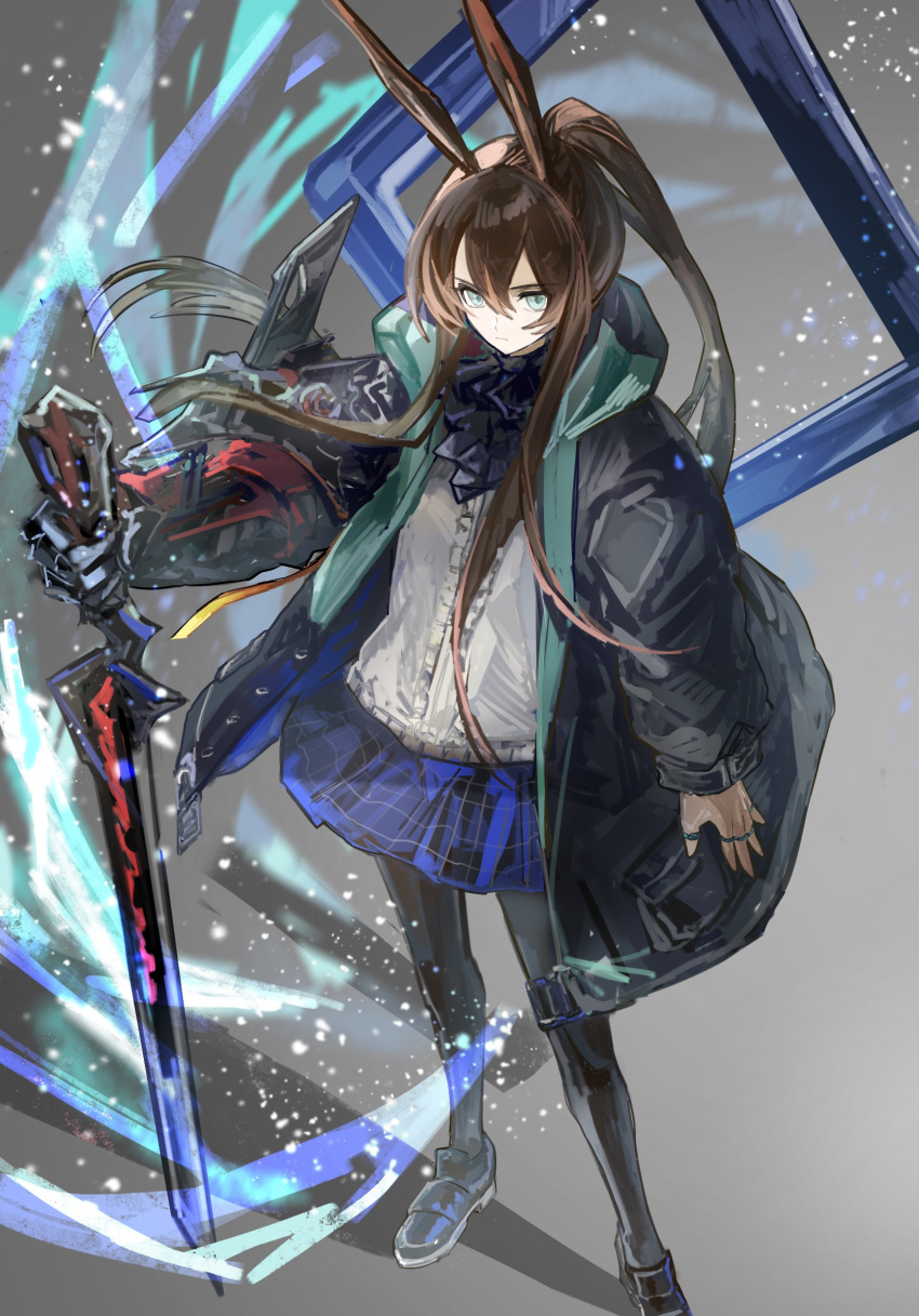 1girl amiya_(arknights) amiya_(guard)_(arknights) animal_ears arknights ascot black_footwear black_jacket black_pantyhose blue_ascot blue_skirt brown_hair center_frills commentary frills frown glaring green_eyes grey_background hair_between_eyes highres holding holding_sword holding_weapon infection_monitor_(arknights) jacket jewelry long_hair long_sleeves looking_at_viewer magic multiple_rings nanataru10 pantyhose plaid plaid_skirt pleated_skirt ponytail rabbit_ears rabbit_girl ring serious shirt shoes sidelocks simple_background skirt solo sword weapon white_shirt