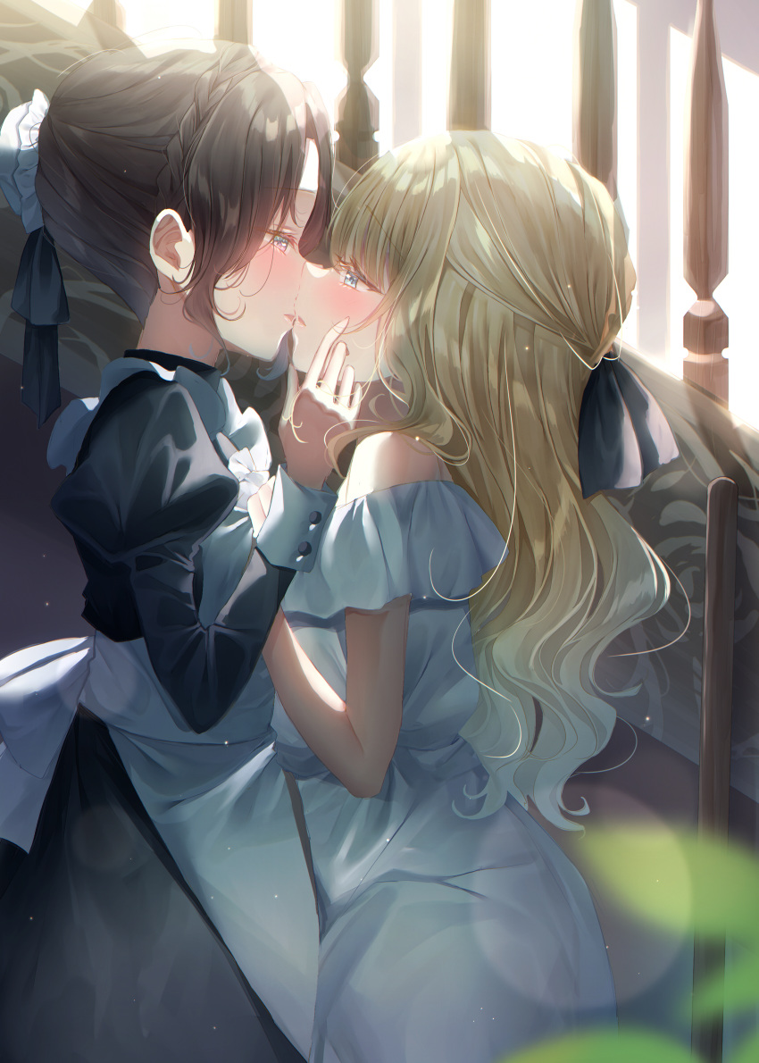 2girls absurdres apron bare_shoulders black_dress blonde_hair blue_eyes blurry blush braid brown_hair chromatic_aberration commentary_request crown_braid depth_of_field dress hair_bun half_updo hands_on_another's_cheeks hands_on_another's_face highres imminent_kiss juliet_sleeves lens_flare light_particles long_hair long_sleeves maid maid_apron multiple_girls off-shoulder_dress off_shoulder original parted_lips puffy_sleeves single_hair_bun touki_matsuri white_apron white_dress yuri