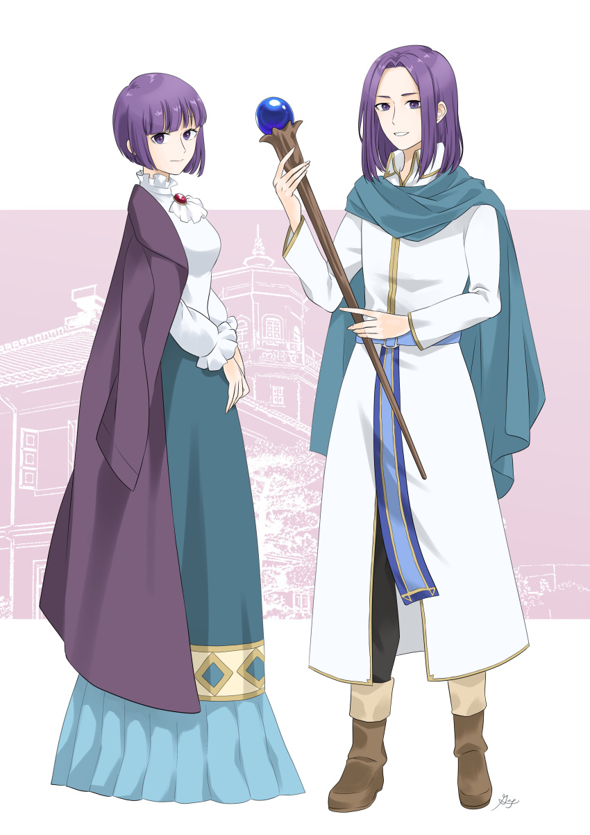 1boy 1girl absurdres blue_scarf blunt_bangs boots brown_footwear character_request commentary_request commission dress fire_emblem fire_emblem:_the_binding_blade full_body highres holding holding_staff long_dress looking_at_viewer medium_hair midori_no_baku pink_background pixiv_commission purple_hair robe saul_(fire_emblem) scarf short_hair smile staff teeth violet_eyes white_background white_robe
