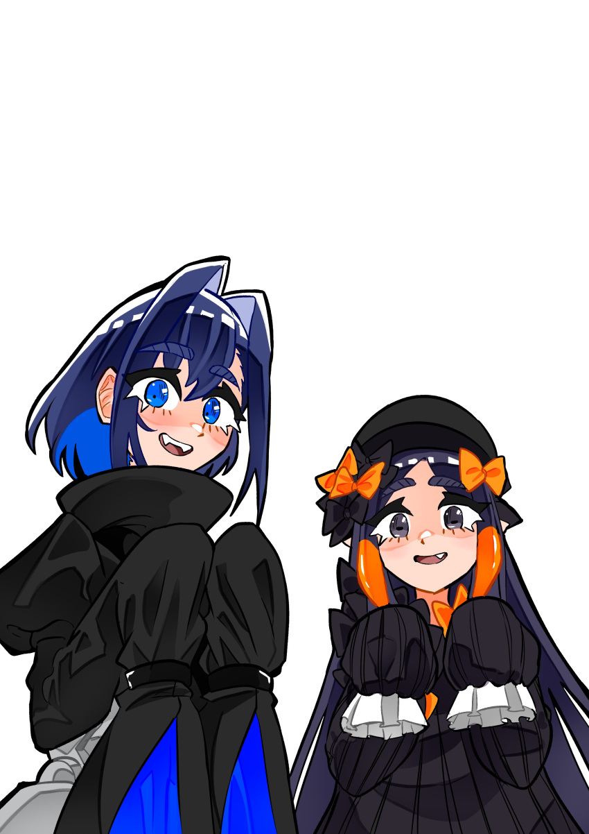 2girls abigail_williams_(fate) abigail_williams_(fate)_(cosplay) absurdres black_bow black_dress blue_eyes blue_hair bow commentary cosplay crossover dress english_commentary fang fate/grand_order fate_(series) gradient_hair hair_intakes hat highres hololive hololive_english koizumi_arata long_hair looking_at_viewer meltryllis_(fate) meltryllis_(fate)_(cosplay) multicolored_hair multiple_girls ninomae_ina'nis open_mouth orange_bow orange_hair ouro_kronii purple_hair short_hair sidelocks simple_background sleeves_past_wrists tentacle_hair tentacles very_long_hair violet_eyes virtual_youtuber white_background