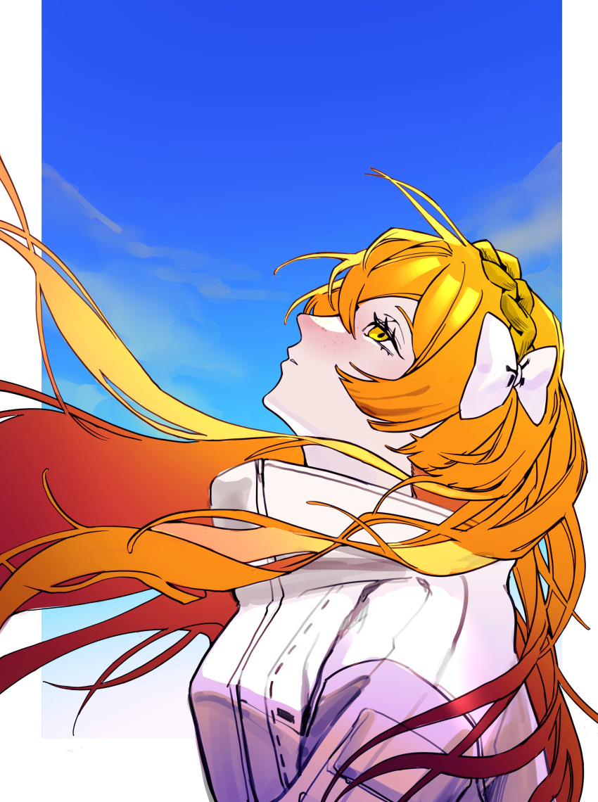 1girl absurdres bow brown_hairband hair_bow hairband highres ishmael_(project_moon) jacket limbus_company long_hair looking_up orange_eyes orange_hair project_moon sekisei_mg sidelocks sky solo upper_body very_long_hair white_bow white_jacket