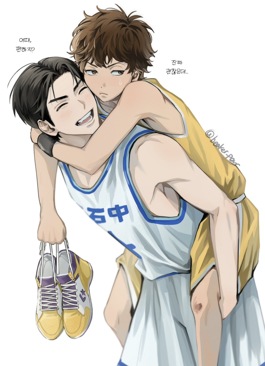 2boys aged_down arms_around_neck basketball_jersey basketball_uniform beaker_pour black_eyes black_hair black_wristband brown_eyes brown_hair carrying carrying_person child closed_eyes closed_mouth highres holding holding_shoes iyagi_ryouta korean_text male_focus mitsui_hisashi multiple_boys open_mouth piggyback shoes short_hair shorts simple_background slam_dunk_(series) sneakers sportswear sweatdrop tank_top toned toned_male translation_request undercut unworn_shoes wavy_hair white_background white_shorts white_tank_top yellow_footwear yellow_shorts yellow_tank_top