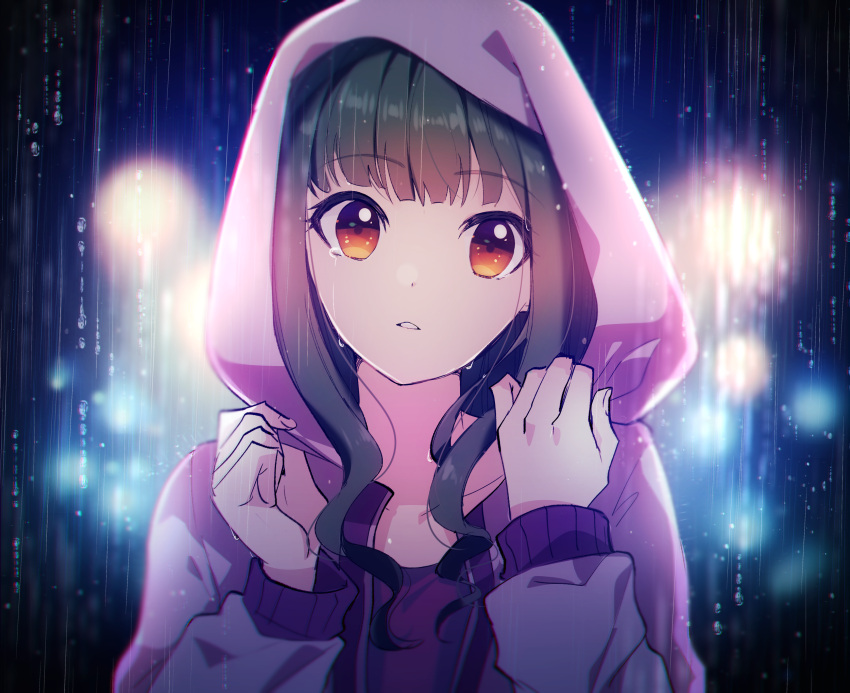 1girl blurry blurry_background blush collarbone eden000 fujii_tomo green_hair highres hood hood_up hooded_jacket idolmaster idolmaster_cinderella_girls jacket looking_at_viewer purple_jacket rain sidelocks solo teardrop tears upper_body