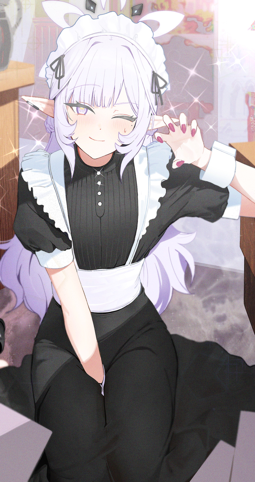 1girl alternate_costume black_dress blue_archive blush claw_pose closed_mouth dress enmaided fingernails halo highres himari_(blue_archive) indoors long_hair maid maid_headdress mole mole_under_eye nail_polish one_eye_closed pointy_ears purple_halo red_nails short_sleeves solo sparkle violet_eyes white_hair wrist_cuffs zanya_000