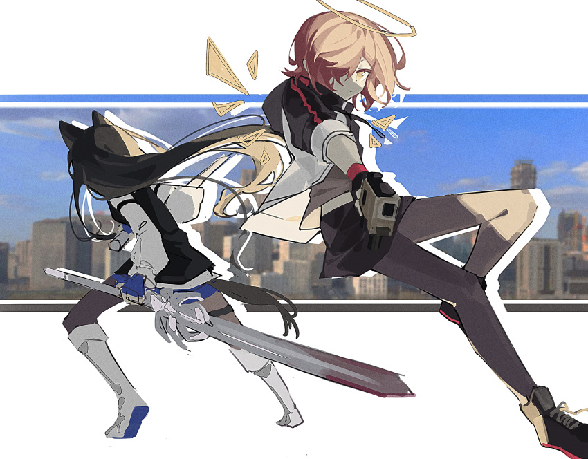 2girls absurdres aiming aiming_at_viewer animal_ears arknights back-to-back black_footwear black_hair black_pantyhose black_skirt black_vest blue_gloves blue_shorts boots chinese_commentary commentary_request drop_shadow exusiai_(arknights) facing_away fingerless_gloves gloves gun hair_over_one_eye halo haobuguniao highres holding holding_sword holding_weapon knee_boots knee_up letterboxed long_hair multiple_girls pantyhose photo_background red_eyes redhead shirt short_hair short_sleeves shorts skirt sword tail texas_(arknights) texas_the_omertosa_(arknights) vest weapon white_footwear white_shirt wings wolf_ears wolf_girl wolf_tail