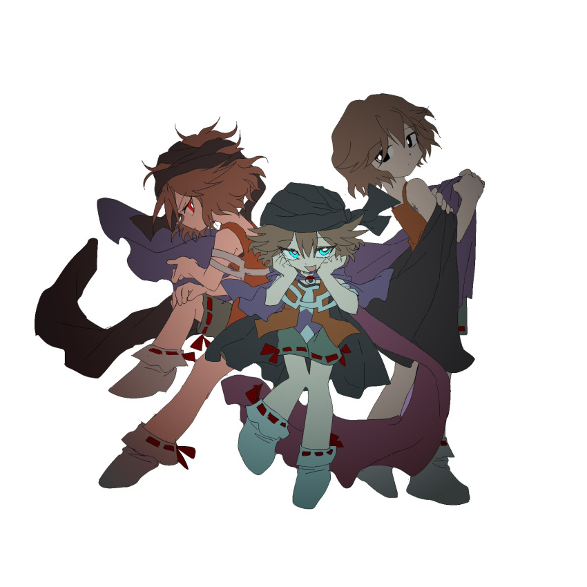 3others :o bandeau black_bandeau black_cape black_eyes blue_eyes bow bow_legwear brown_hair cape clenched_hands dual_persona eye_of_senri from_side full_body glowing glowing_eyes green_bow green_shorts hand_on_own_knee hands_on_own_cheeks hands_on_own_face highres holding holding_cape holding_clothes holding_scarf jacket kuzu_suzumi leg_up len'en looking_at_another looking_at_viewer messy_hair multiple_others mxx33 open_clothes open_jacket open_mouth orange_jacket outstretched_hand parted_lips red_eyes removing_cape ribbon-trimmed_shorts ribbon-trimmed_socks ribbon_trim scarf shirt short_hair shorts simple_background sleeveless sleeveless_jacket smile socks turban white_background white_shirt white_socks