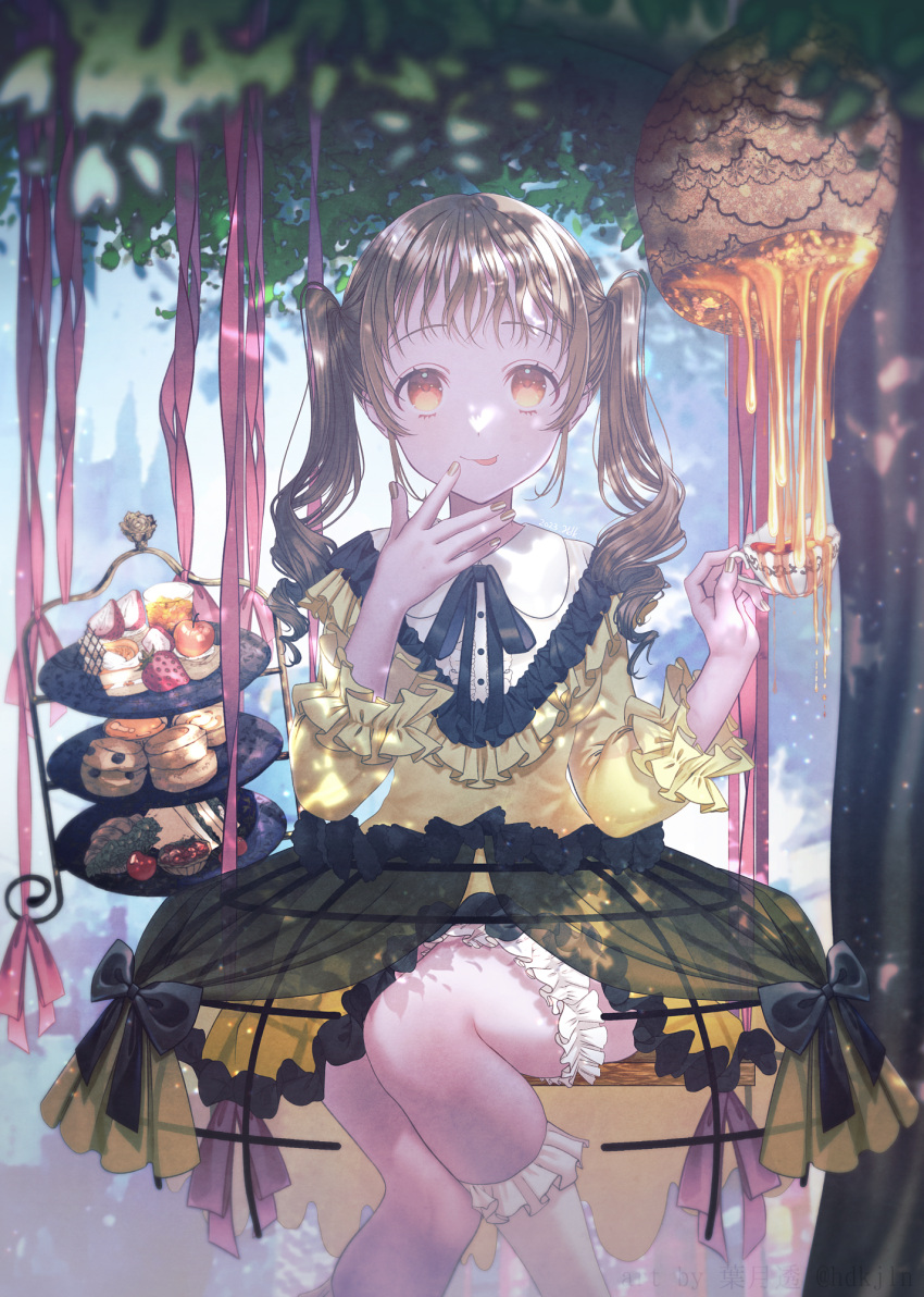 1girl :p beehive black_ribbon bridal_garter brown_hair crinoline cup dress drill_hair gold_nails green_skirt haduki_tohru hand_to_own_mouth highres holding holding_cup honey kneehighs layered_dress looking_at_viewer original pink_ribbon ribbon sitting skirt socks solo swing tea teacup tongue tongue_out tree twin_drills twintails white_socks yellow_dress yellow_eyes
