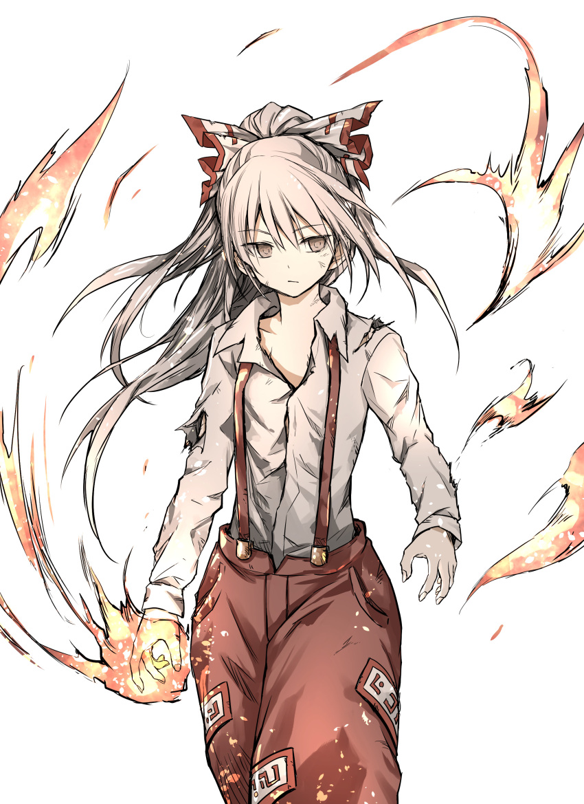 1girl absurdres bow collared_shirt commentary dirty dirty_face expressionless fire floating_hair fujiwara_no_mokou hair_bow highres long_hair long_sleeves looking_to_the_side ofuda ofuda_on_clothes pants red_eyes red_pants shimoda_masaya shirt solo suspenders torn_clothes touhou white_background white_hair white_shirt