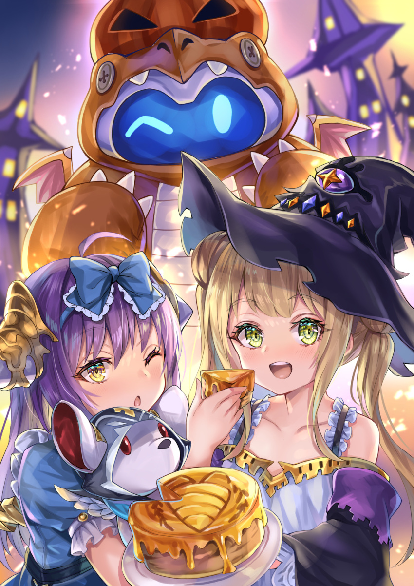 1other 2girls aenea_amethyst_rebel akami770 alternate_costume bare_shoulders blonde_hair blue_dress blush bow buttons cake child collarbone dress fake_wings flat_chest food frilled_dress frills gem green_eyes hair_bow hair_ornament halloween hat highres holding holding_plate holding_stuffed_toy house jewelry long_hair looking_at_viewer luna_(shadowverse) multiple_girls one_eye_closed open_mouth plate pumpkin purple_hair roly-poly_mk_ii shadowverse smile straight_hair stuffed_toy teeth tongue twintails upper_teeth_only wide_sleeves wings witch_hat yellow_eyes