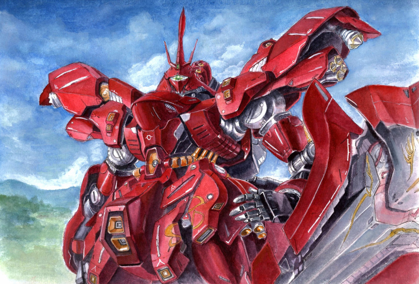 arata_(arata333333) arm_shield blue_sky char's_counterattack clouds cloudy_sky commentary day english_commentary green_eyes gundam highres mecha mobile_suit mountain neo_zeon no_humans one-eyed outdoors robot sazabi science_fiction sky solo traditional_media watercolor_pencil_(medium)