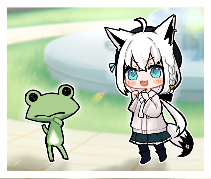 1girl 1other absurdres animal_ear_piercing animal_ears beret black_headwear black_pantyhose black_ribbon blue_eyes boots bow bowtie braid chibi clenched_hands closed_eyes doko_demo_issho double-parted_bangs fountain fox_ears fox_girl fox_tail frilled_skirt frills frog green_skirt grey_shirt hair_between_eyes hair_ribbon hat highres hololive long_hair long_sleeves low_ponytail mayuko_(mayumaaaaaro) official_alternate_costume official_alternate_hairstyle outdoors pantyhose pentagram ribbon ricky_(doko_demo_issho) shirakami_fubuki shirakami_fubuki_(3rd_costume) shirt side_braid skirt tail v-shaped_eyebrows virtual_youtuber white_bow white_bowtie white_hair wide_sleeves