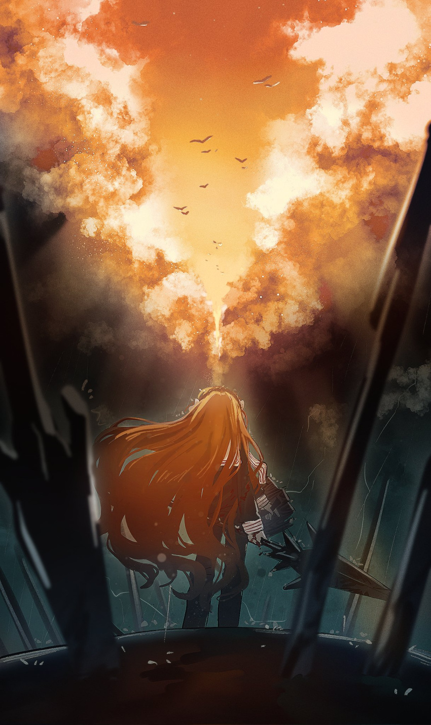 1girl bird black_pants black_shirt clouds harpoon highres holding holding_weapon ishmael_(project_moon) limbus_company long_hair long_sleeves orange_hair pants project_moon rain shiqicheng shirt sky solo standing sunset very_long_hair weapon