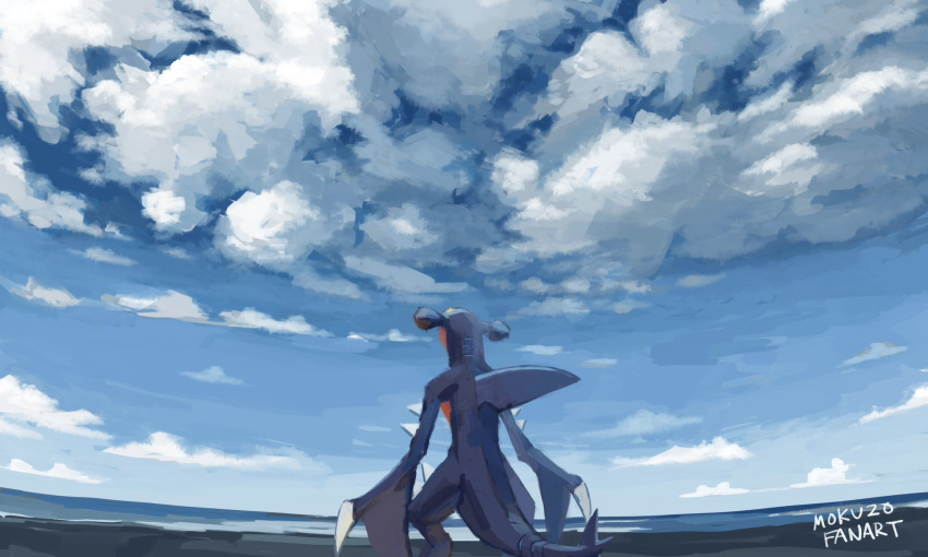 animal_focus artist_name blue_skin blue_sky claws clouds cloudy_sky colored_skin fins from_behind garchomp head_fins highres horizon mokuzou_(moku_ssbu) no_humans pokemon pokemon_(creature) sky solo spikes tail water